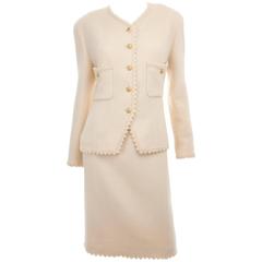 80's Vintage Chanel Suit in Creme with Picot Edge and Gold Buttons