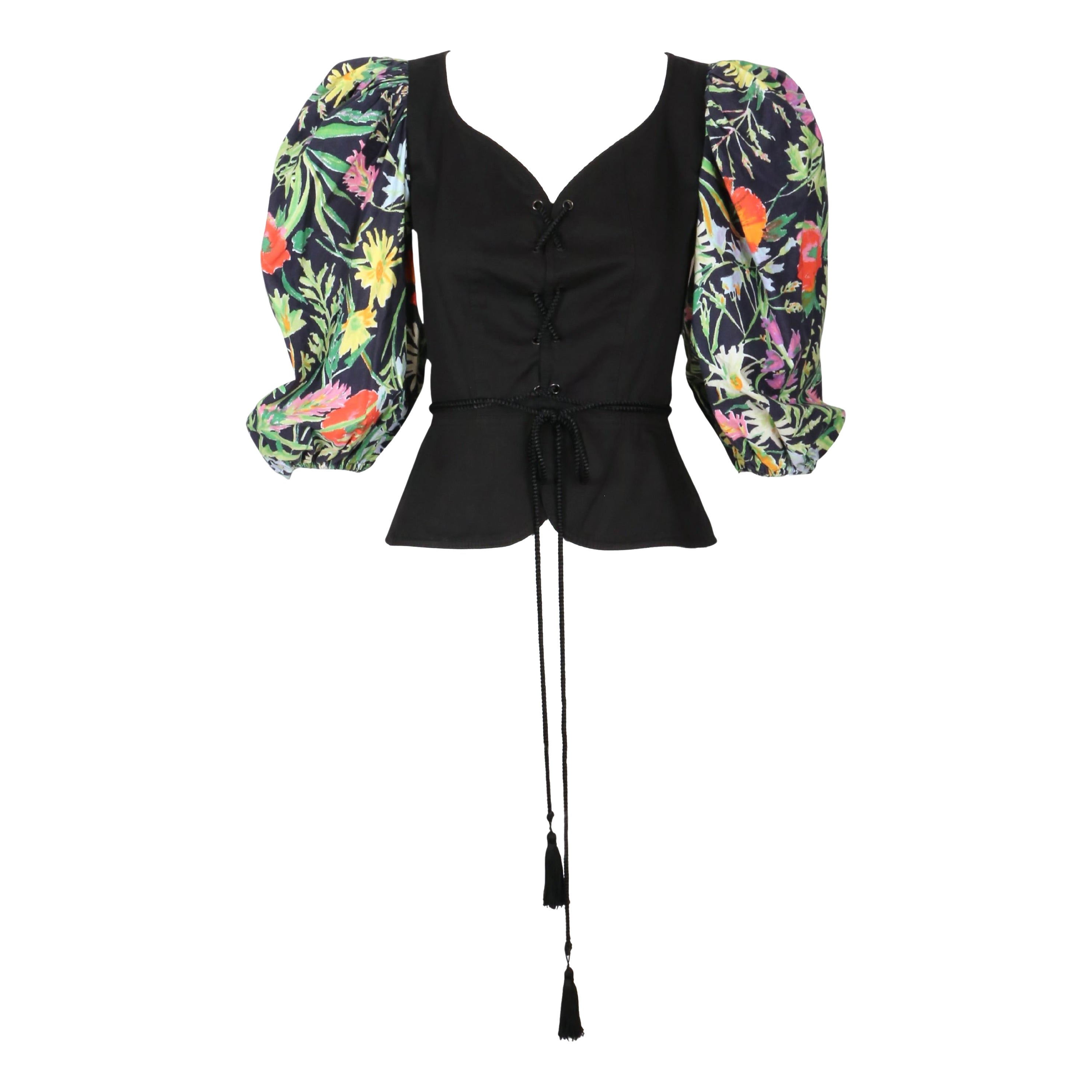 1990's YVES SAINT LAURENT black & floral lace up corset top For Sale