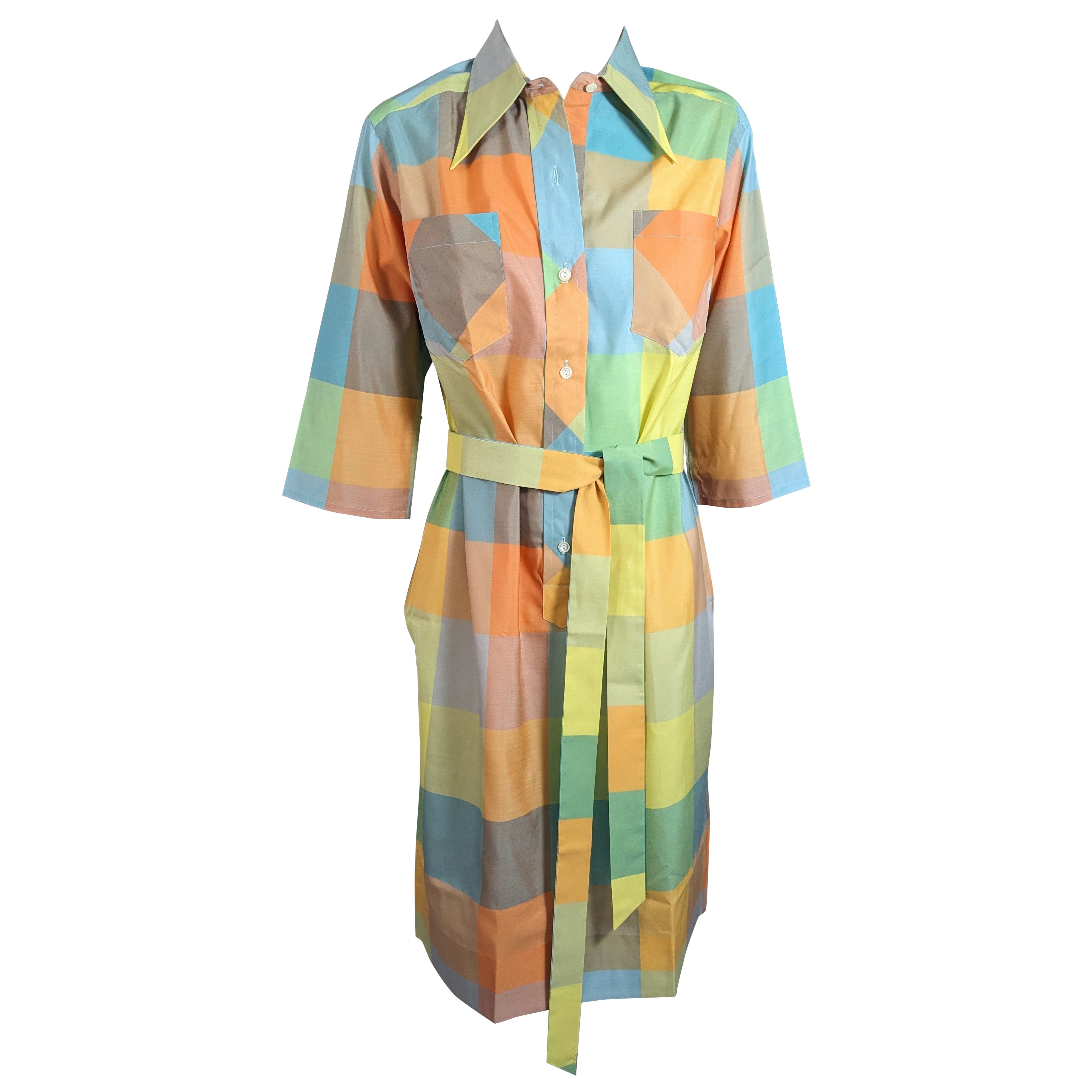 Mid Century Plaid Silk Shirtwaist Dress