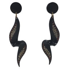 Dangling Drop Black Resin Clip Earrings with Red Crystal Rhinestones
