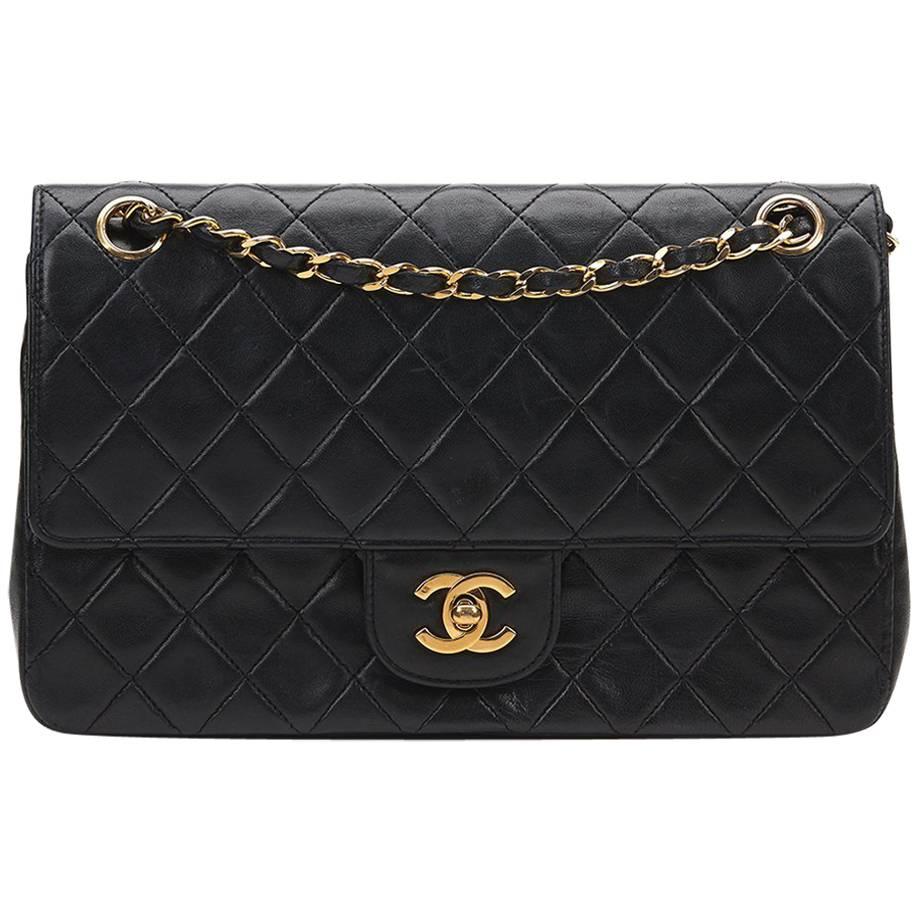 1980's Chanel Black Quilted Lambskin Vintage Medium Classic Double Flap Bag
