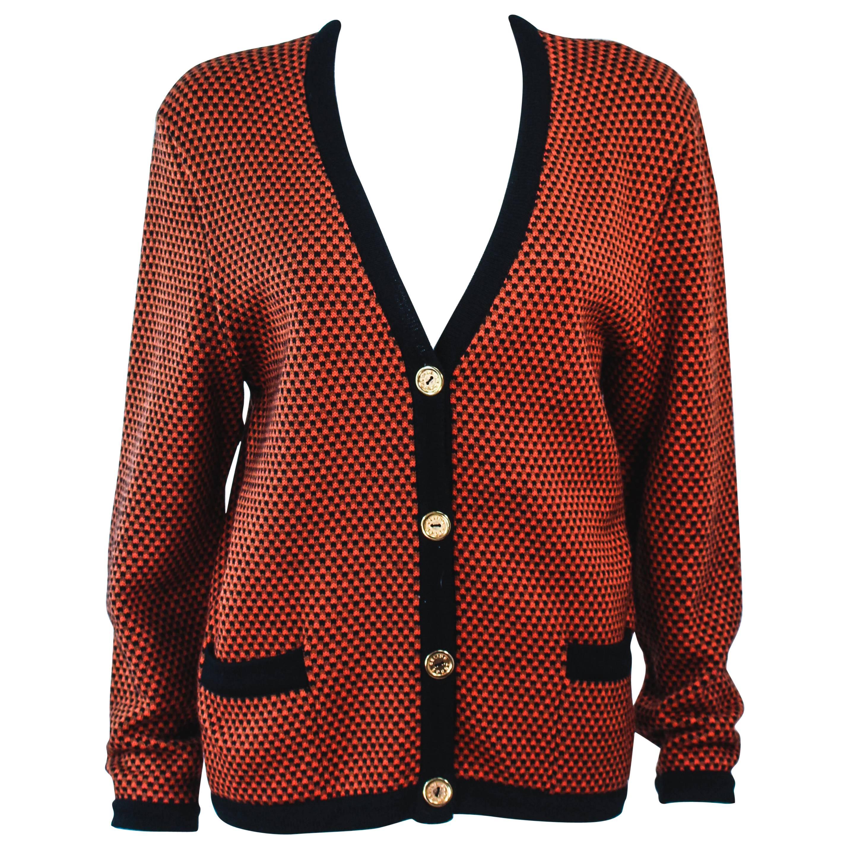 CELINE Vintage Orange & Brown Printed Wool Sweater Size 6 8 For Sale