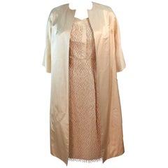 Cream Silk 1960's Beaded Cocktail Dress and Coat Size 6 8