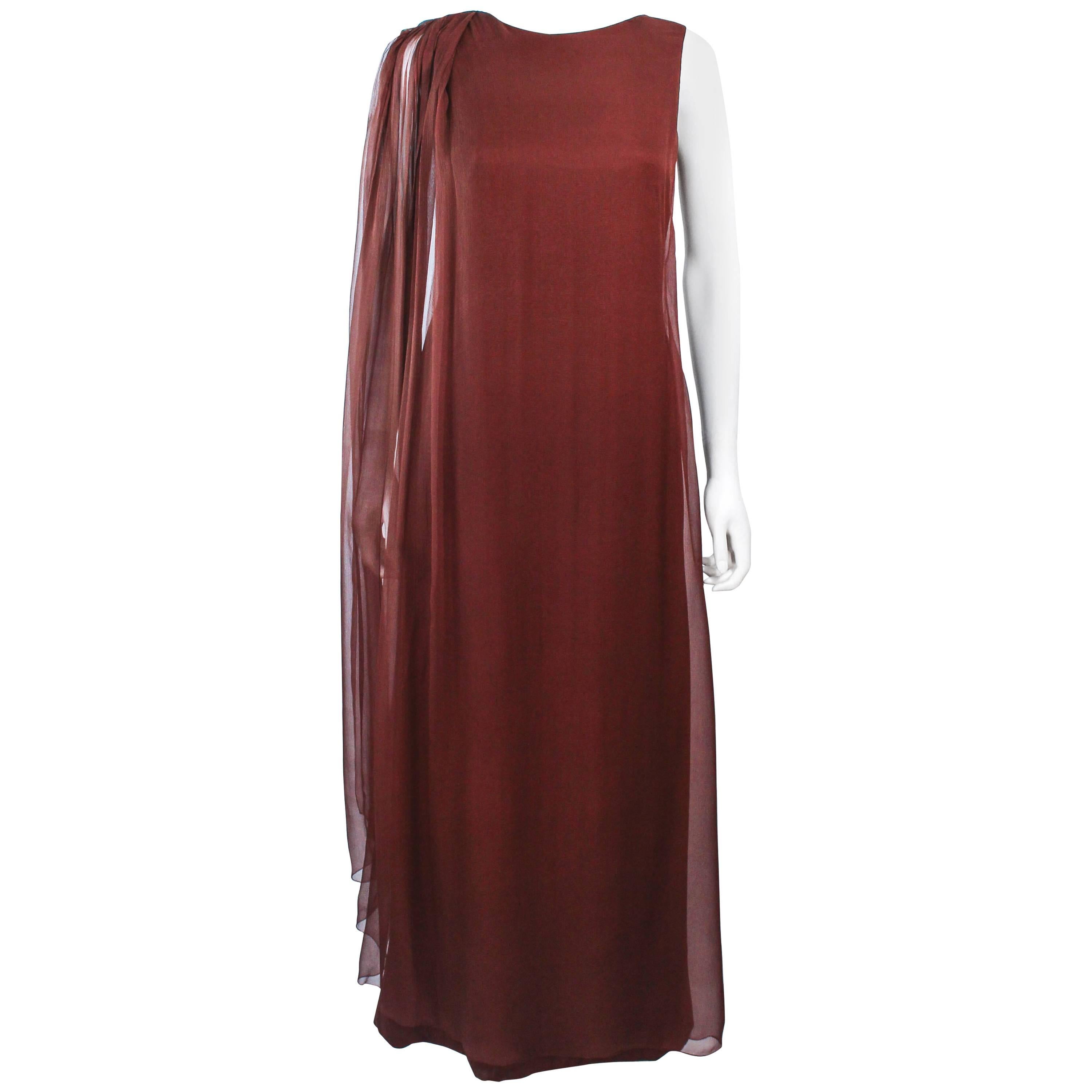 GALANOS 1970's Brown Silk Chiffon Draped Gown Size 4 6 For Sale