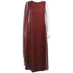 GALANOS 1970's Brown Silk Chiffon Draped Gown Size 4 6 11