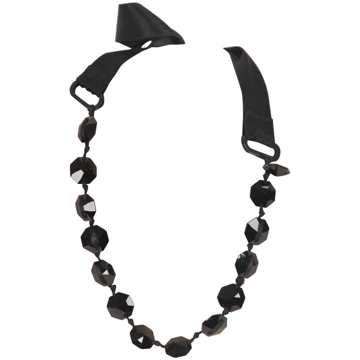 Lanvin Black Satin Ribbon and Faceted Glass Beads Necklace