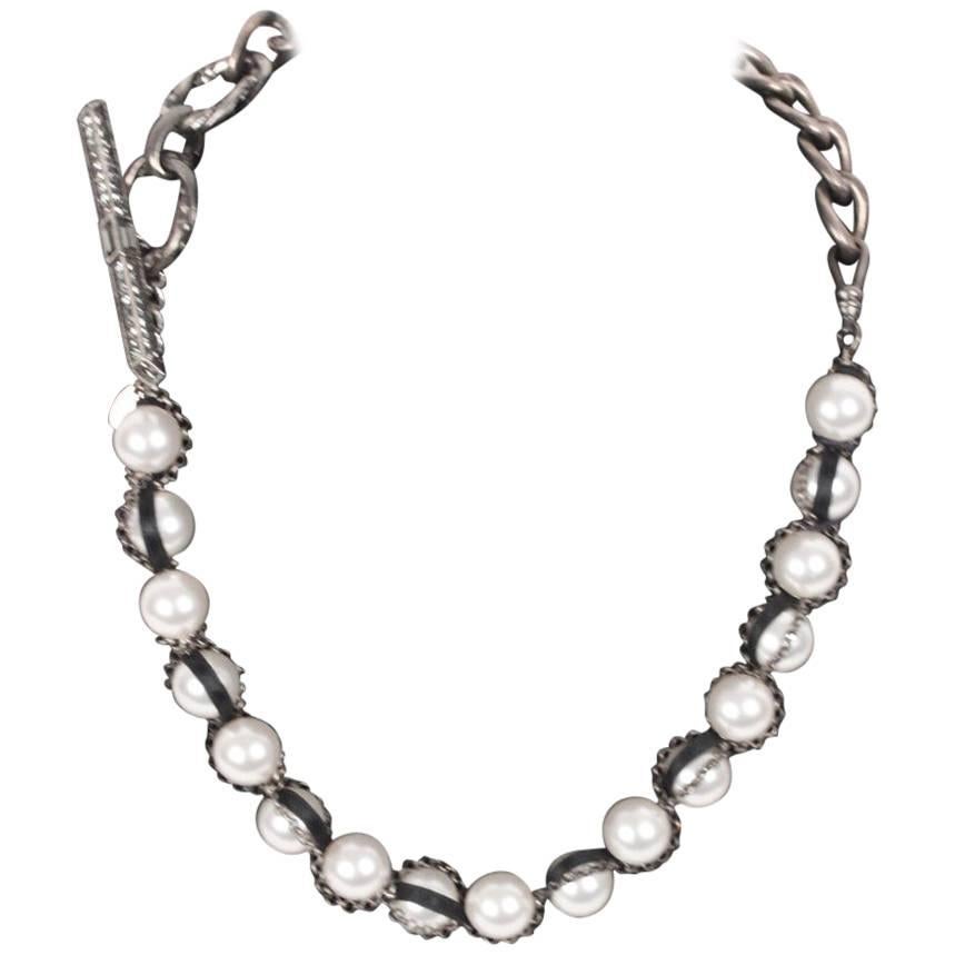 LANVIN Silver Metal & Pearls NECKLACE w/ Toggle Closure