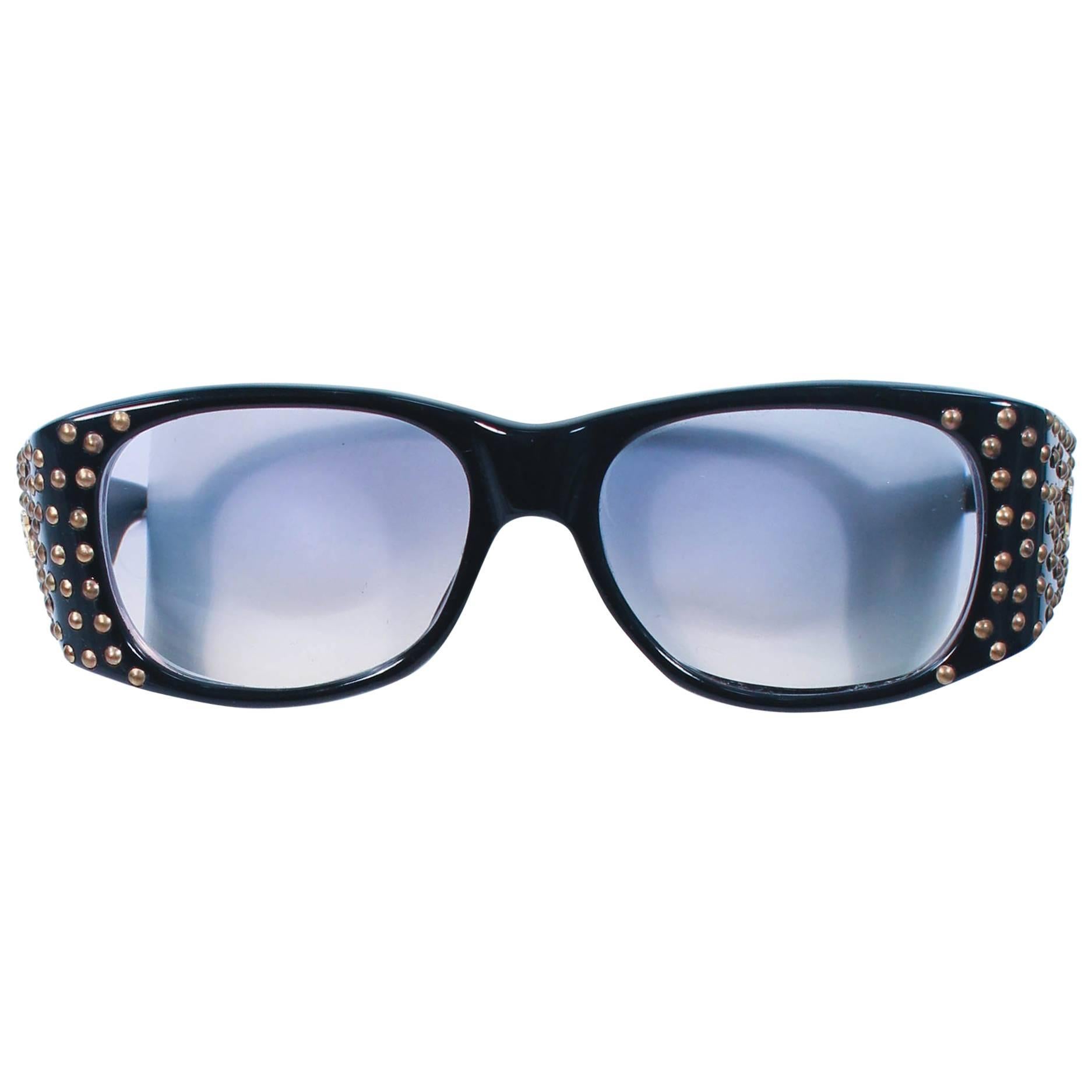 EMMANUELLE KHANH 1980's Black Sunglasses with Gold Metal Stud Accents For Sale