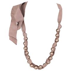 LANVIN Taupe Grosgrain Ribbon & Pearls NECKLACE w/ Tie Closure 11