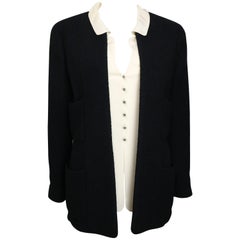Vintage Chanel Black Boucle Wool Jacket with Beige Silk Detectable Collar Vest