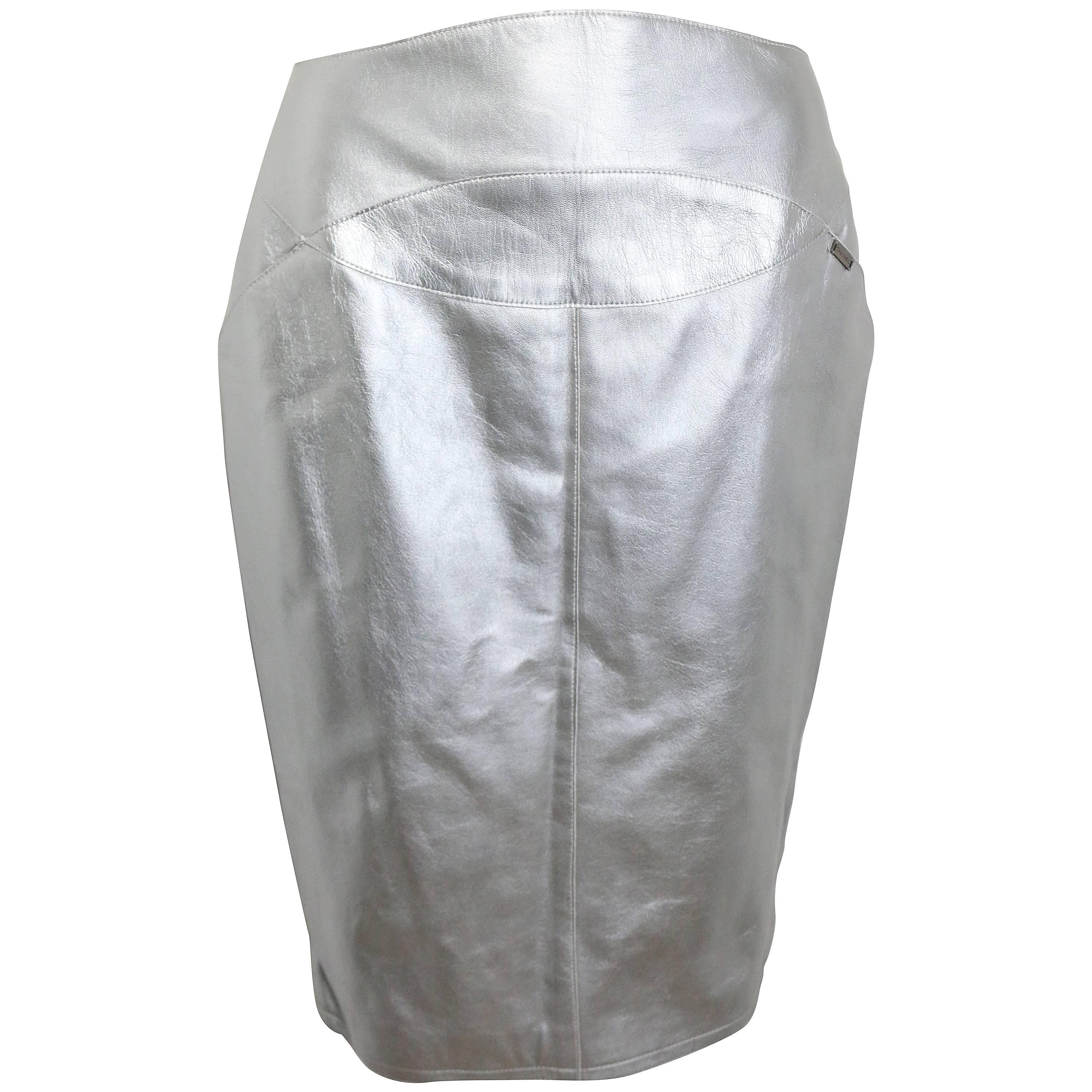 Chanel Silver Metallic Lambskin Leather Knee Length Pencil Skirt 