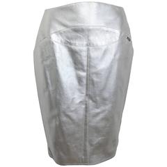 Chanel Silver Metallic Lambskin Leather Knee Length Pencil Skirt 11