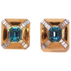 Art Deco Style 1980's Ciner Aquamarine Rhinestone Gold Tone Earrings