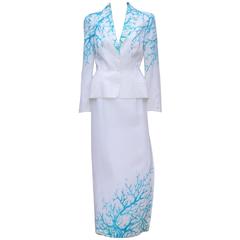 1980's Thierry Mugler White Linen Evening Suit With Aqua Coral Print