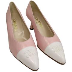 Vintage Chanel Bi Colour Pink/White "CC" Leather Pointy Heels 