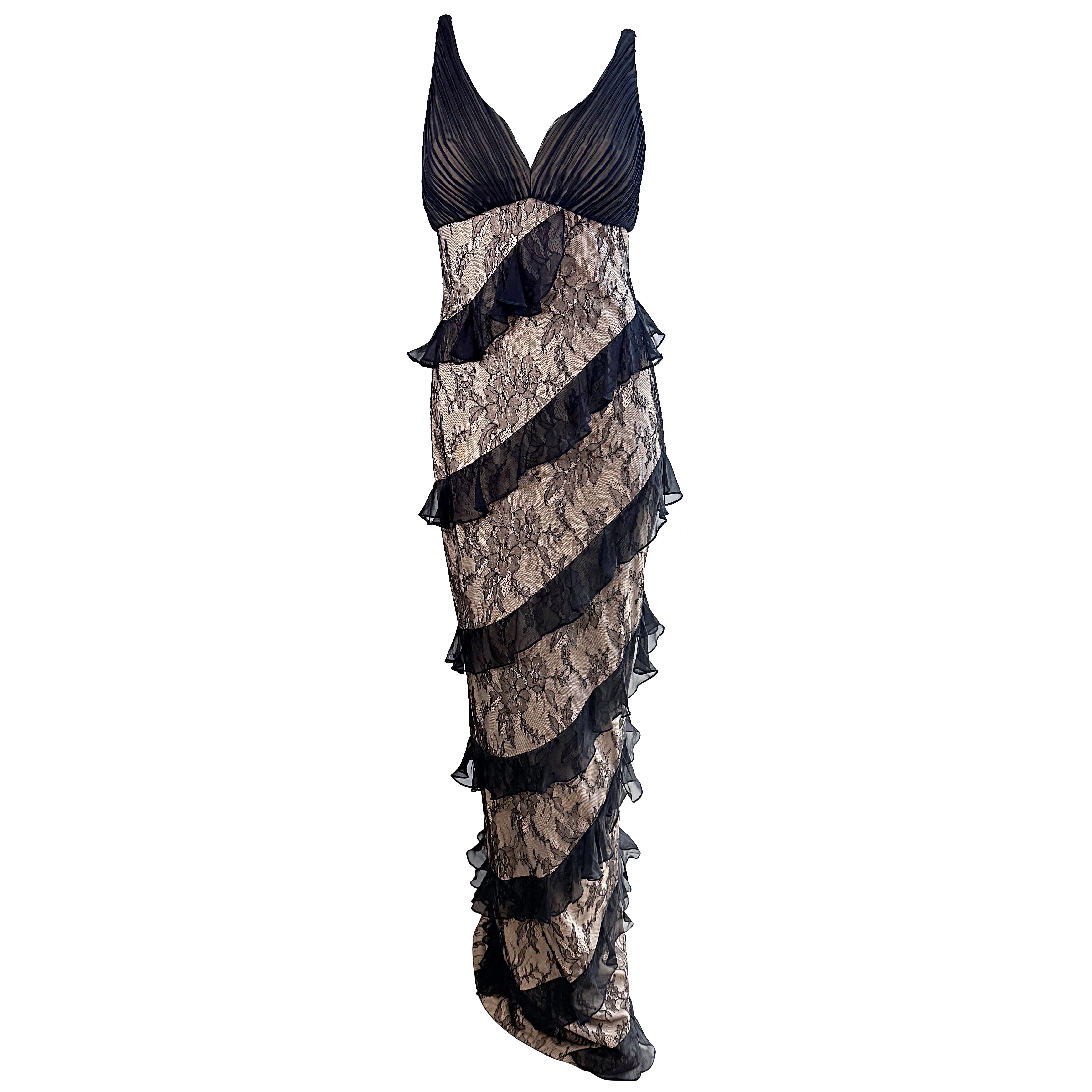 NWT $9, 500 CD Greene Couture 2000s Size 4 / 6 Black Nude Silk Lace Vintage Gown For Sale