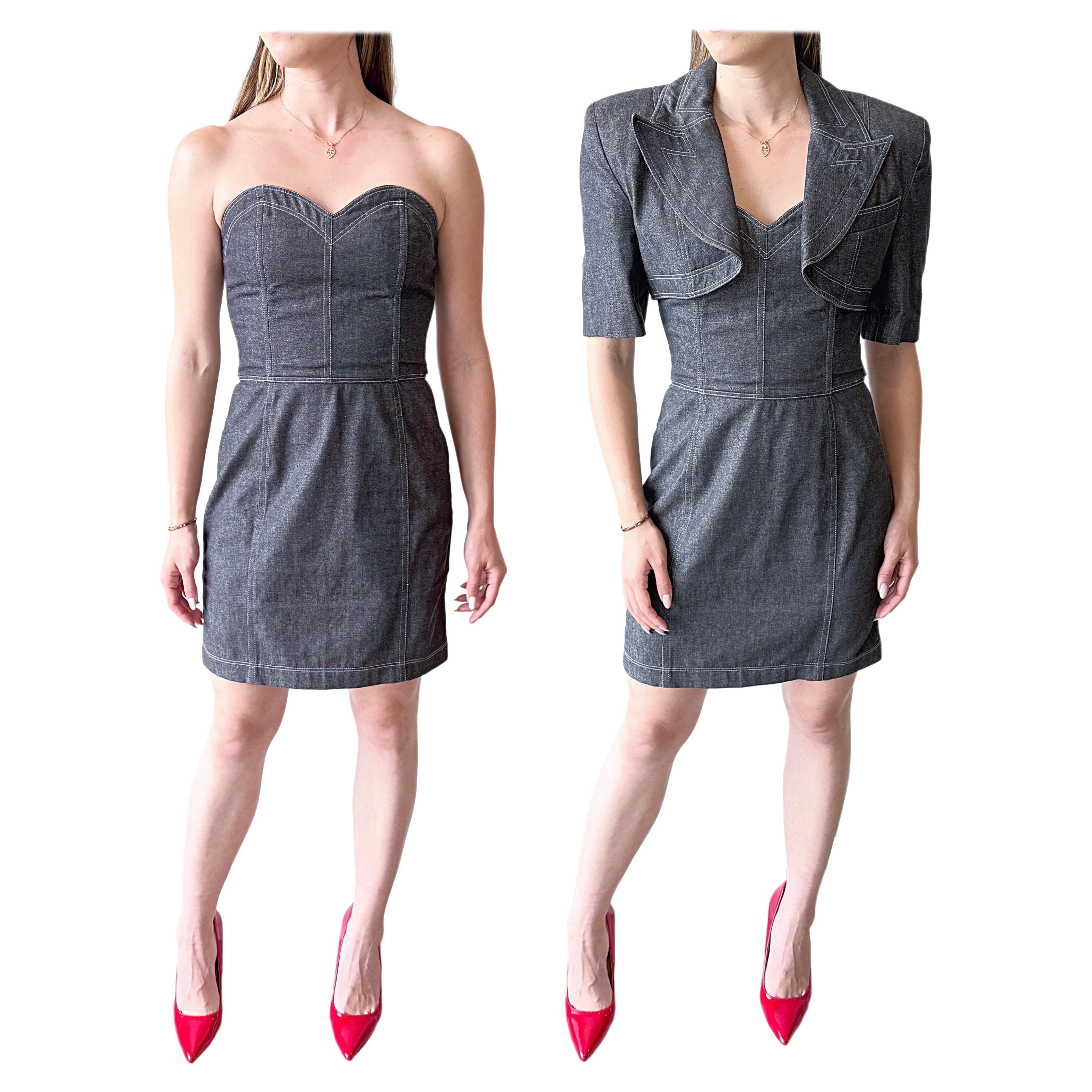 Documented Patrick Kelly Size 8 Black Grey Denim Vtg 80s Strapless Dress Bolero en vente