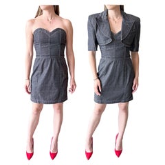 Documentado Patrick Kelly Talla 8 Negro Gris Denim Vtg 80s Vestido Sin Tirantes Bolero