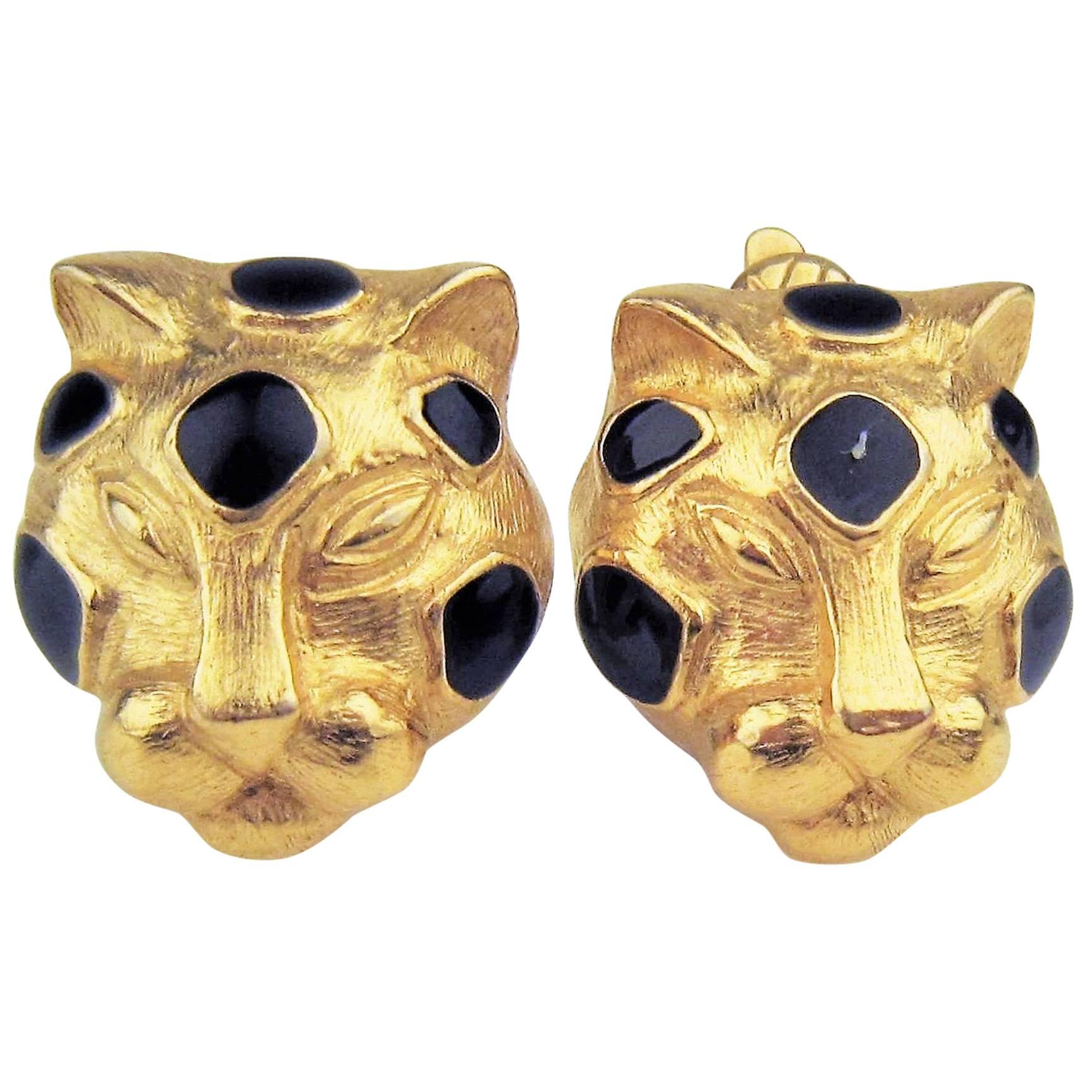 TRIFARI vintage enamel figural panther  earrings For Sale