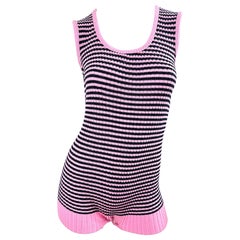 1960s Romper Bubblegum Pink and Black Striped Knit Sleeveless Vintage 60s Onesie