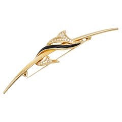 Christian Dior Vintage 1980s Black Crystals Modernist Long Twist Leaf Brooch