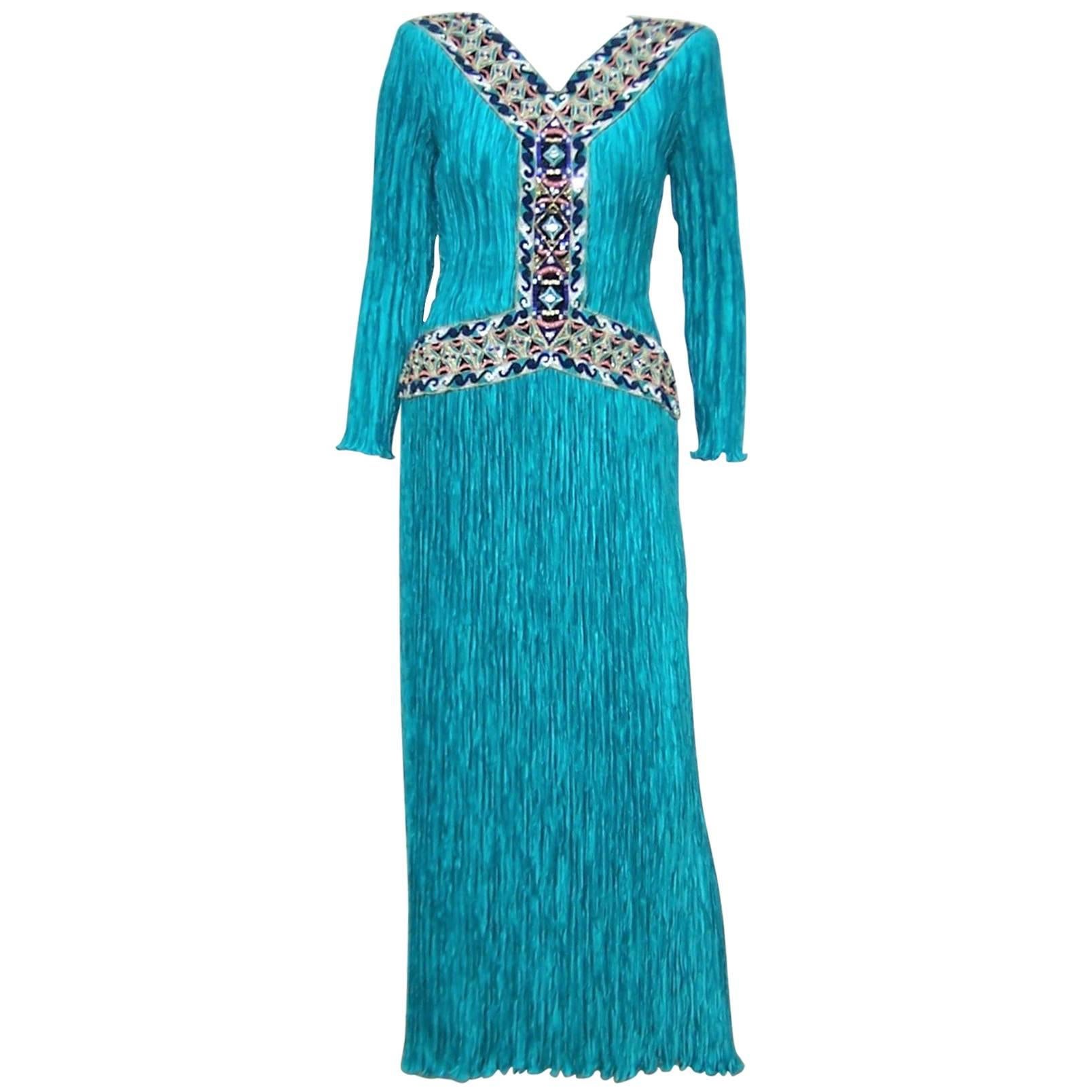 Cleopatra Style 1980's Mary McFadden Turquoise Goddess Dress