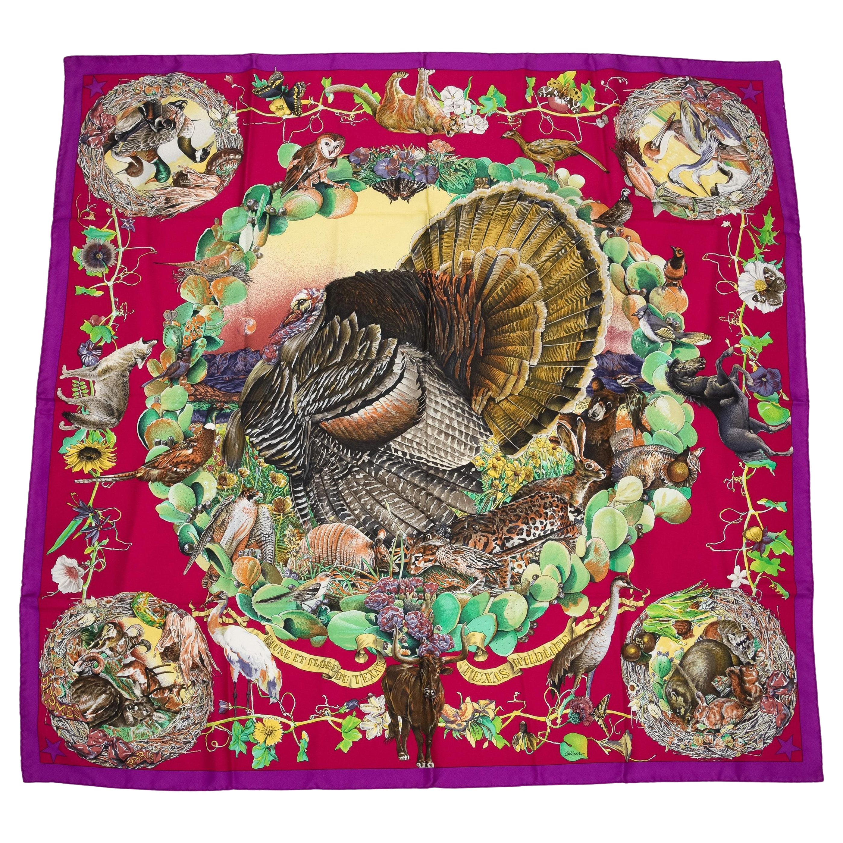Hermès Fuchsia Texas Wildlife Silk Scarf