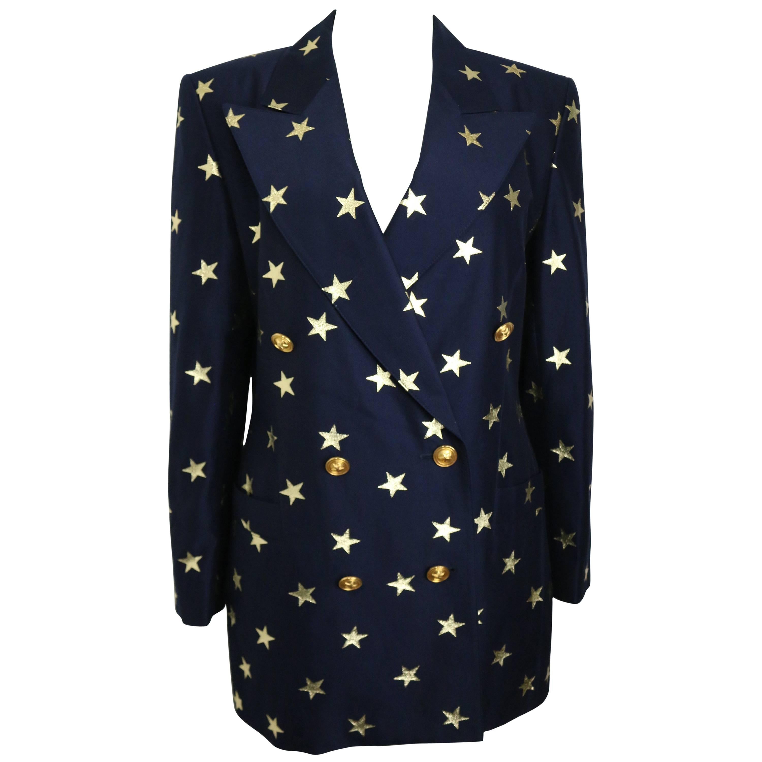 Escada Navy with Gold Stars Double Breasted Blazer For Sale