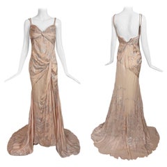 ROBERTO CAVALLI 2006 Vintage Silk Peach + Silver Evening Gown Maxi Dress Floral