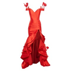 Jovani Red Satin Crepe Feather Trim Off Shoulder Ruffled Gown M