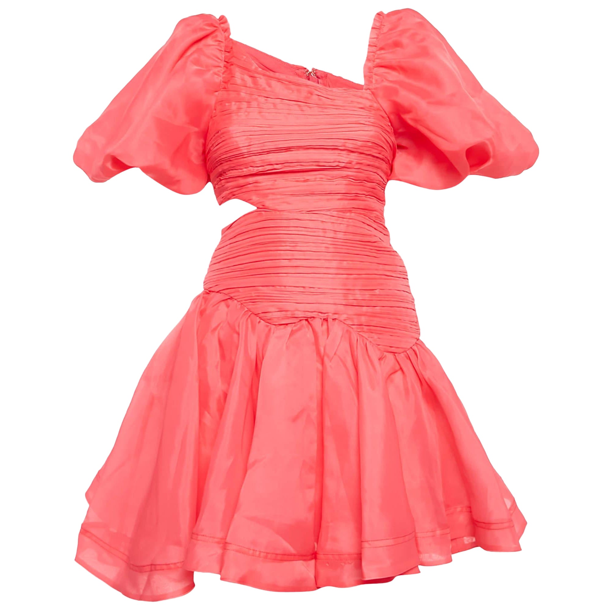 Aje Pink Pintucks Organza Puff Sleeve Mini Dress S