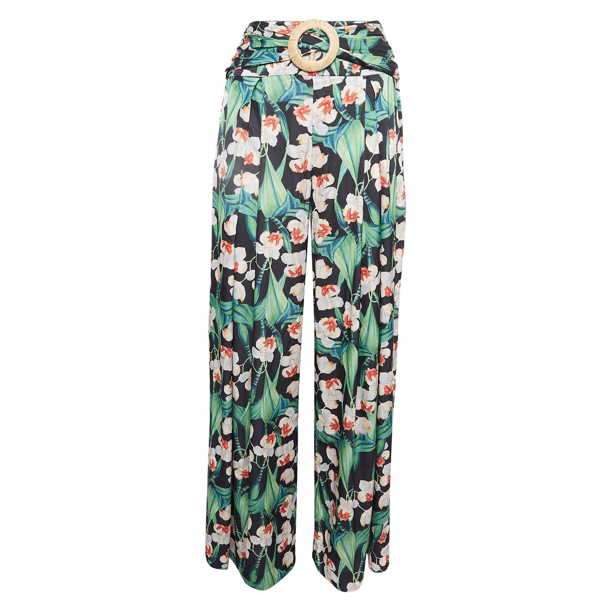 PATBO Noir Pantalon large ceinturé en satin imprimé floral S