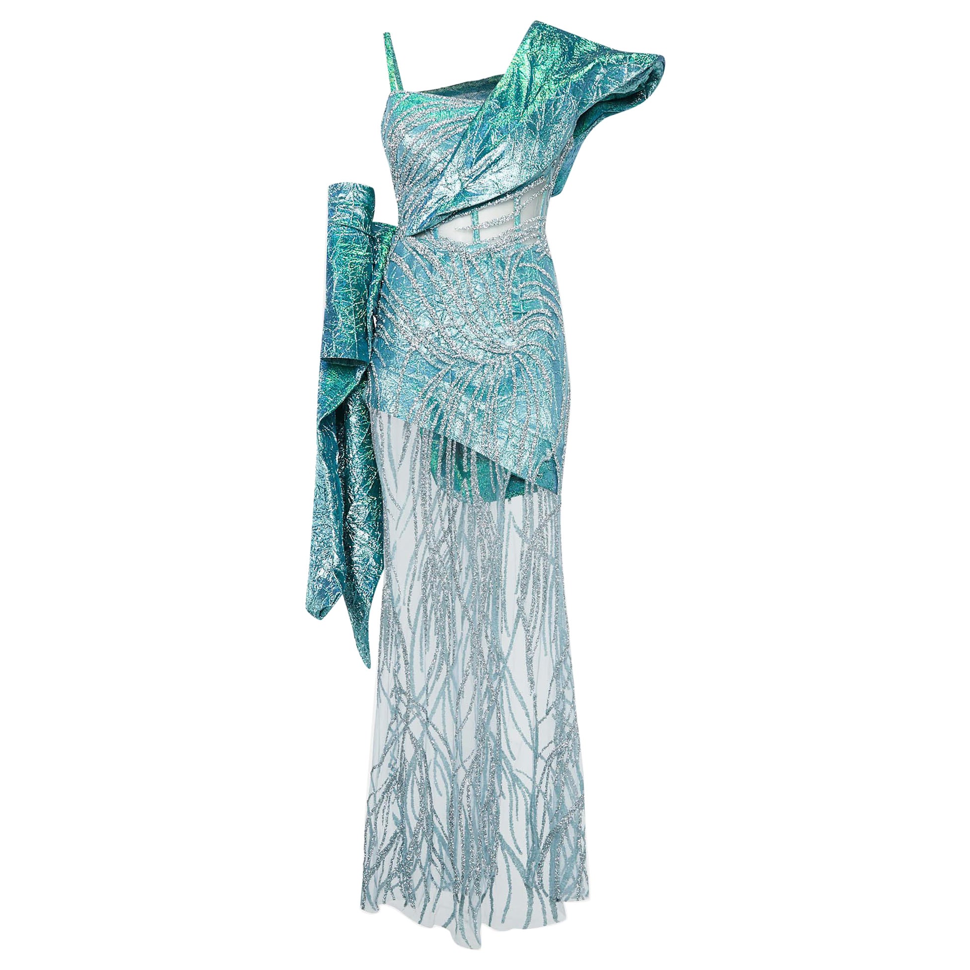 Ihlab Jiryis Meerjungfrau schiere verschönert Tüll Lurex Jacquard asymmetrische Kleid S im Angebot