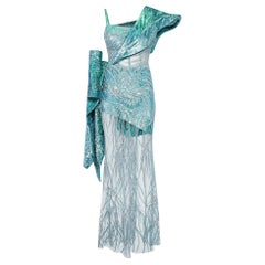Ihlab Jiryis Mermaid Sheer Embellished Tulle Lurex Jacquard Asymmetric Gown S