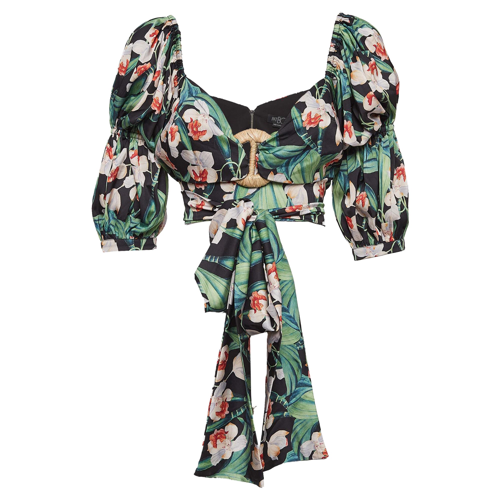 PATBO Green Floral Print Satin Off-Shoulder Tie-Up Top L For Sale