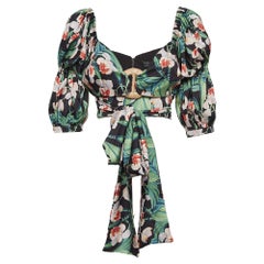 PATBO Green Floral Print Satin Off-Shoulder Tie-Up Top L