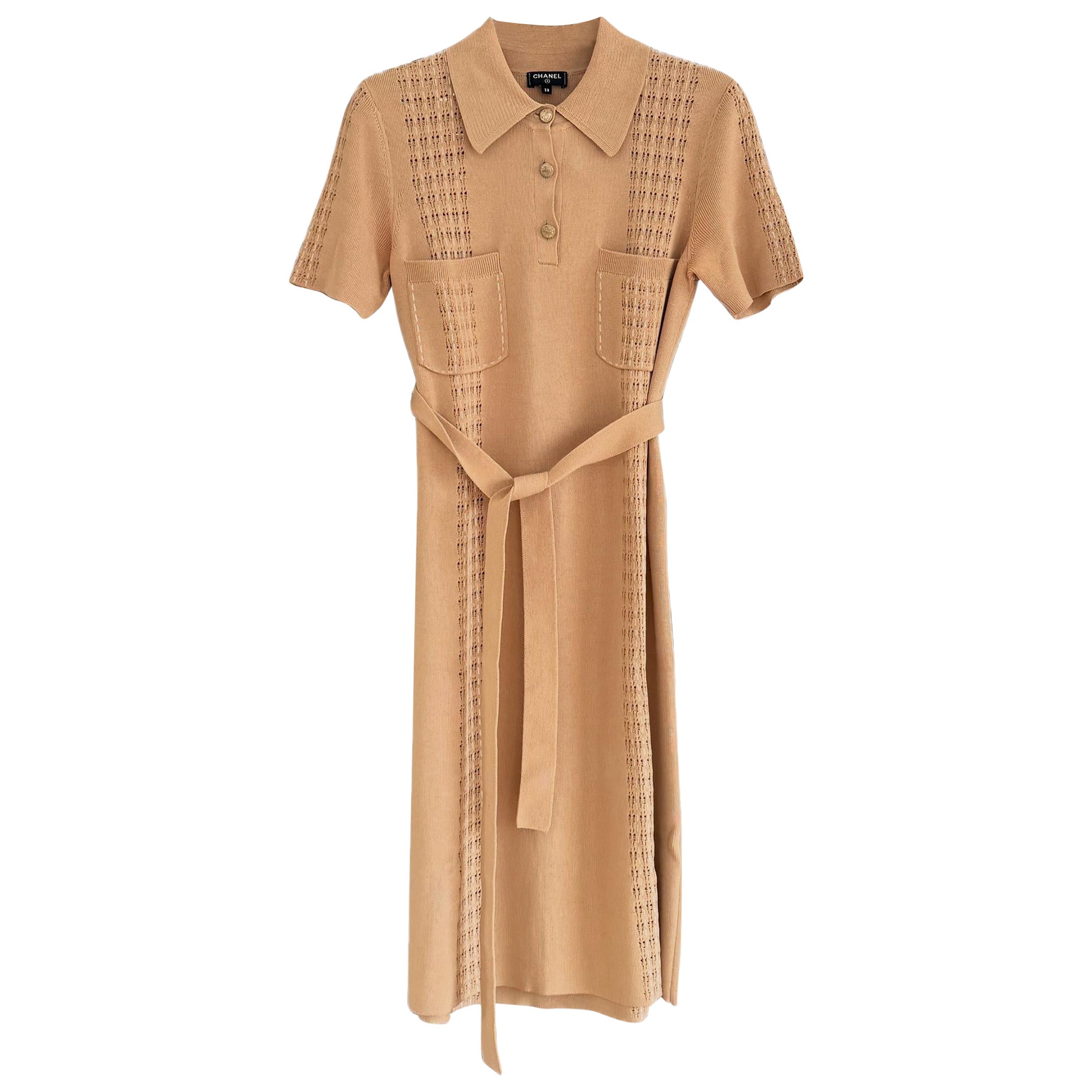 Chanel New Paris / Cuba Beige Belted Dress 38 FR For Sale