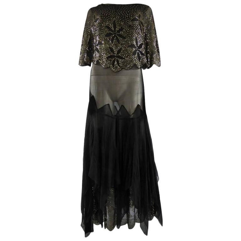Black Silk Gauze Dress With Embroidered Silver Sequins, Circa 1935 at