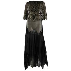 Vintage Black Silk Gauze Dress With Embroidered Silver Sequins, Circa 1935