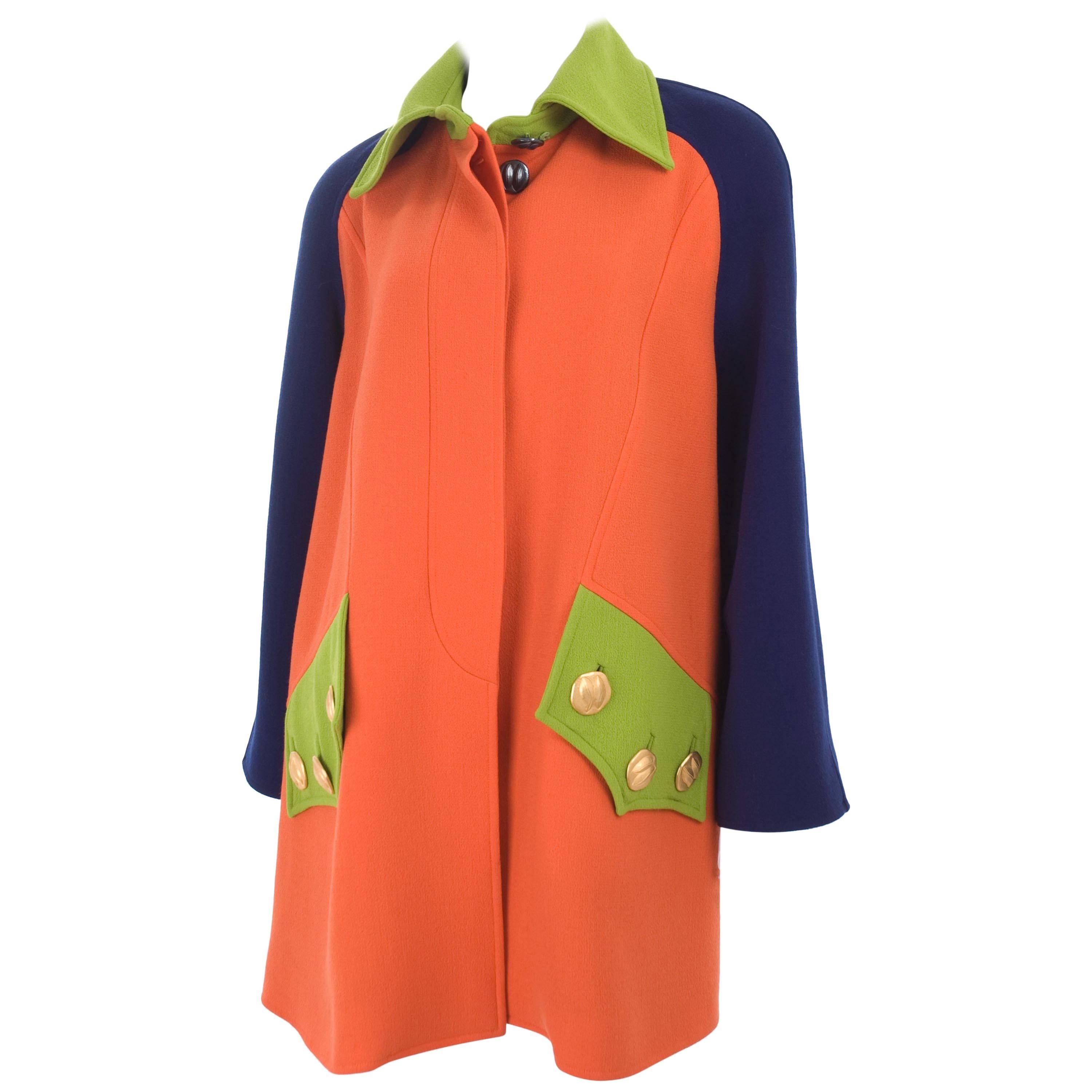 90's Christian Lacroix A-Line Coat in Orange, Blue & Green  For Sale