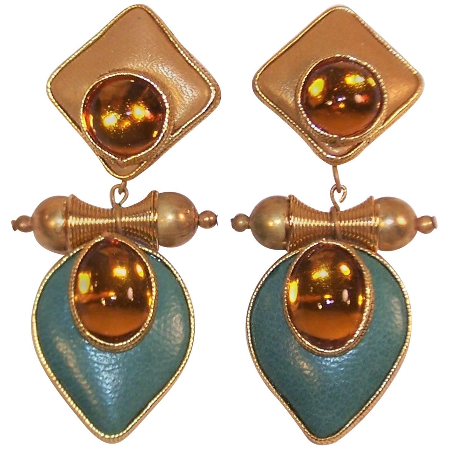 Exotic 1980's Gold & Teal Leather Drop Dangle Earrings