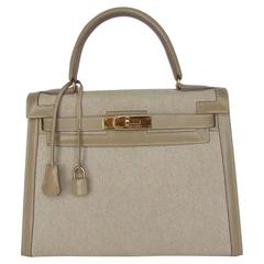 Gorgeous Hermes Kelly 28 Sellier Rigid Bag Bi Matiere Canvas Leather Beige GHW 3