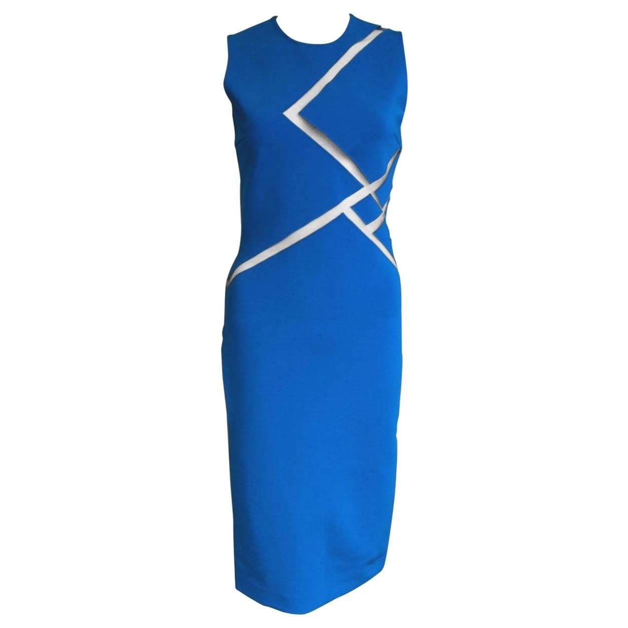 New David Koma Blue Mesh Insert Cut Out Dress uk 10  Statement blue dress from D For Sale