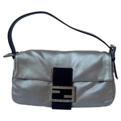 FENDI Baguette Beige Grey Silk Satin with Crystal Buckle Shoulder Bag