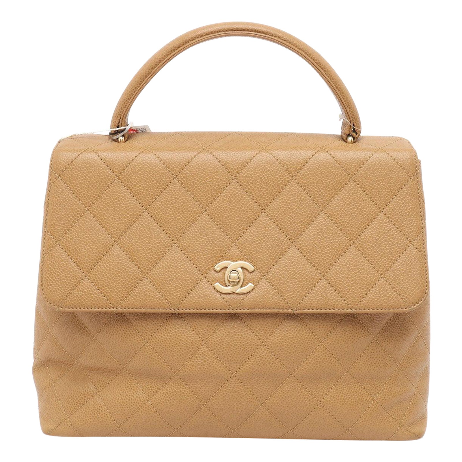 Chanel Vintage Top Handle Kelly Beige Flap Bag Caviar Leather 24k Gold Plated HW For Sale