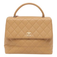 Chanel Vintage Top Handle Kelly Beige Flap Bag Caviar Leather 24k Gold Plated HW