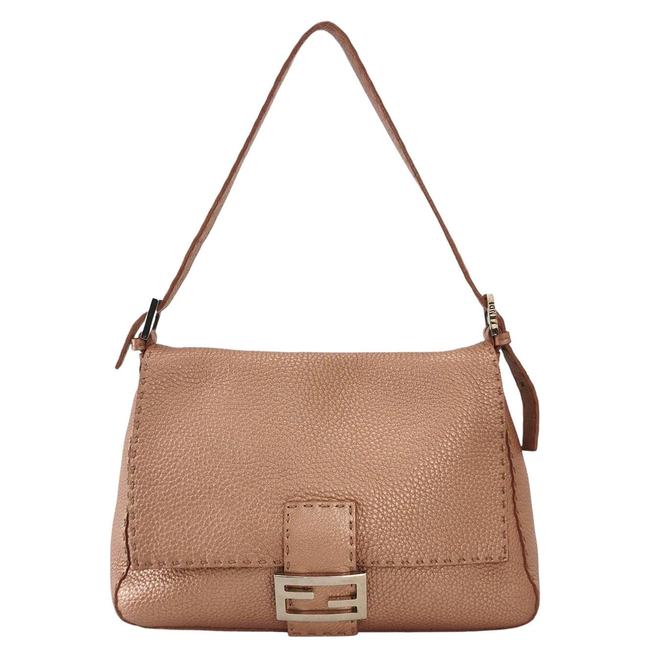 Fendi Mamma Baguette Selleria Calfskin Leather Pink Metallic For Sale