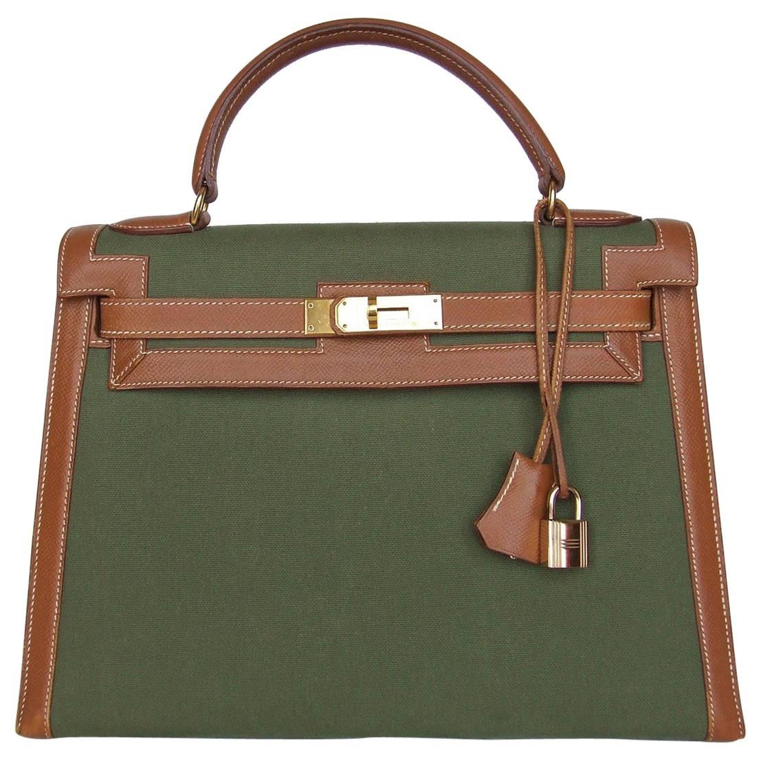 Hermes Kelly 32 Sellier Bag Bi Matiere Green Canvas Cognac Leather GHW Rare 