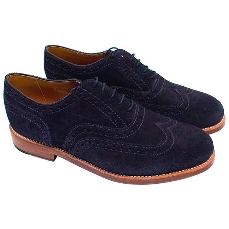 Grenson Men's Navy Suede Brogues with Stitching  For Sale