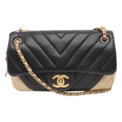 Chanel Small Bicolor Chevron Lambskin Single Flap Bag Black and Gold, 2014-15